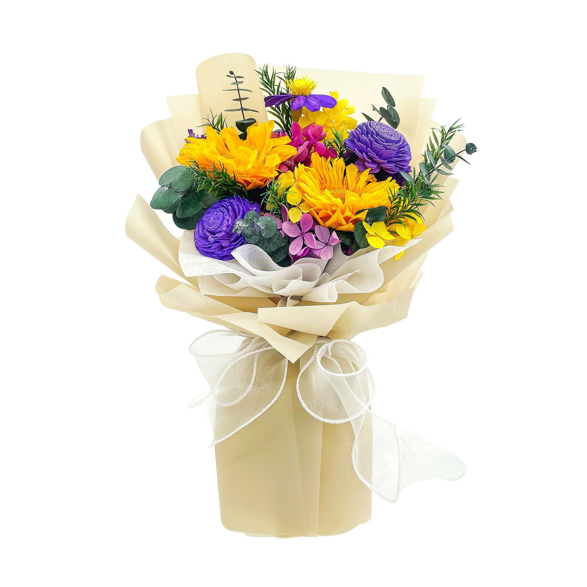 Preserved Sunflower Bouquet – Beige Cardboard