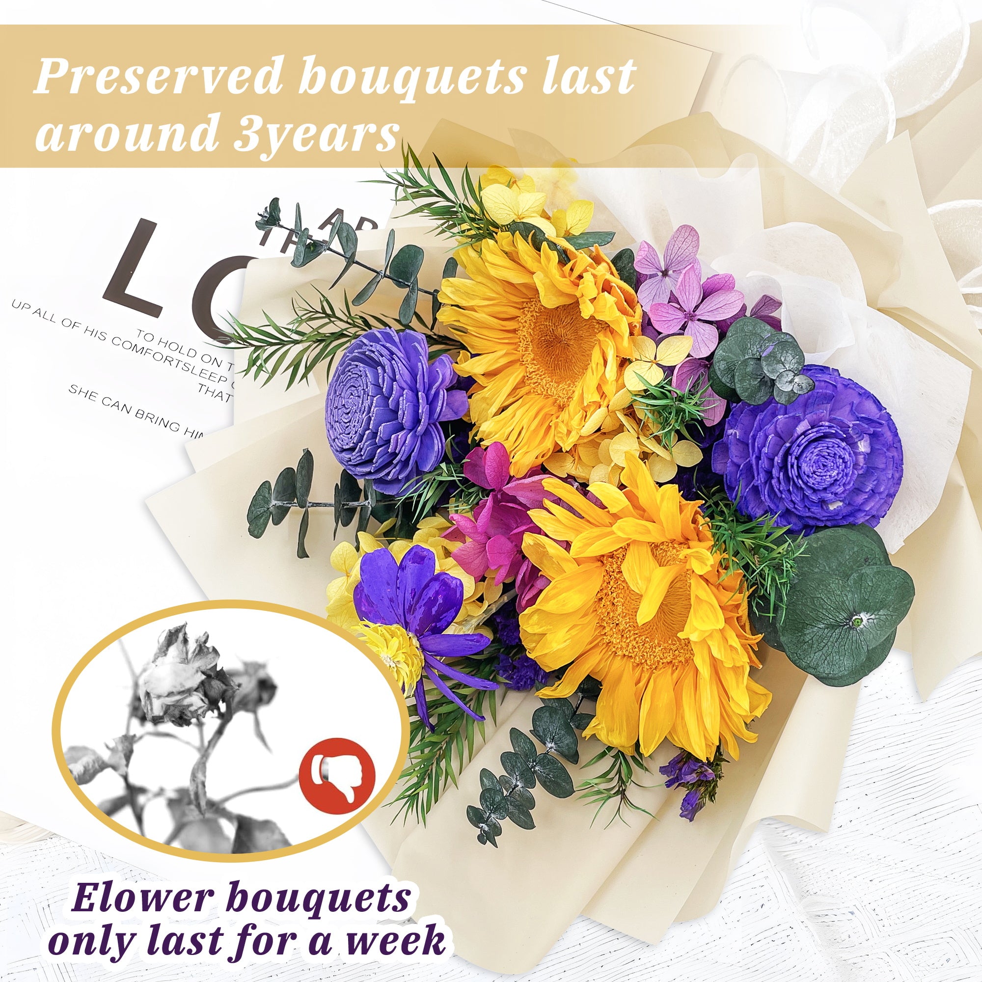 Preserved Sunflower Bouquet – Beige Cardboard