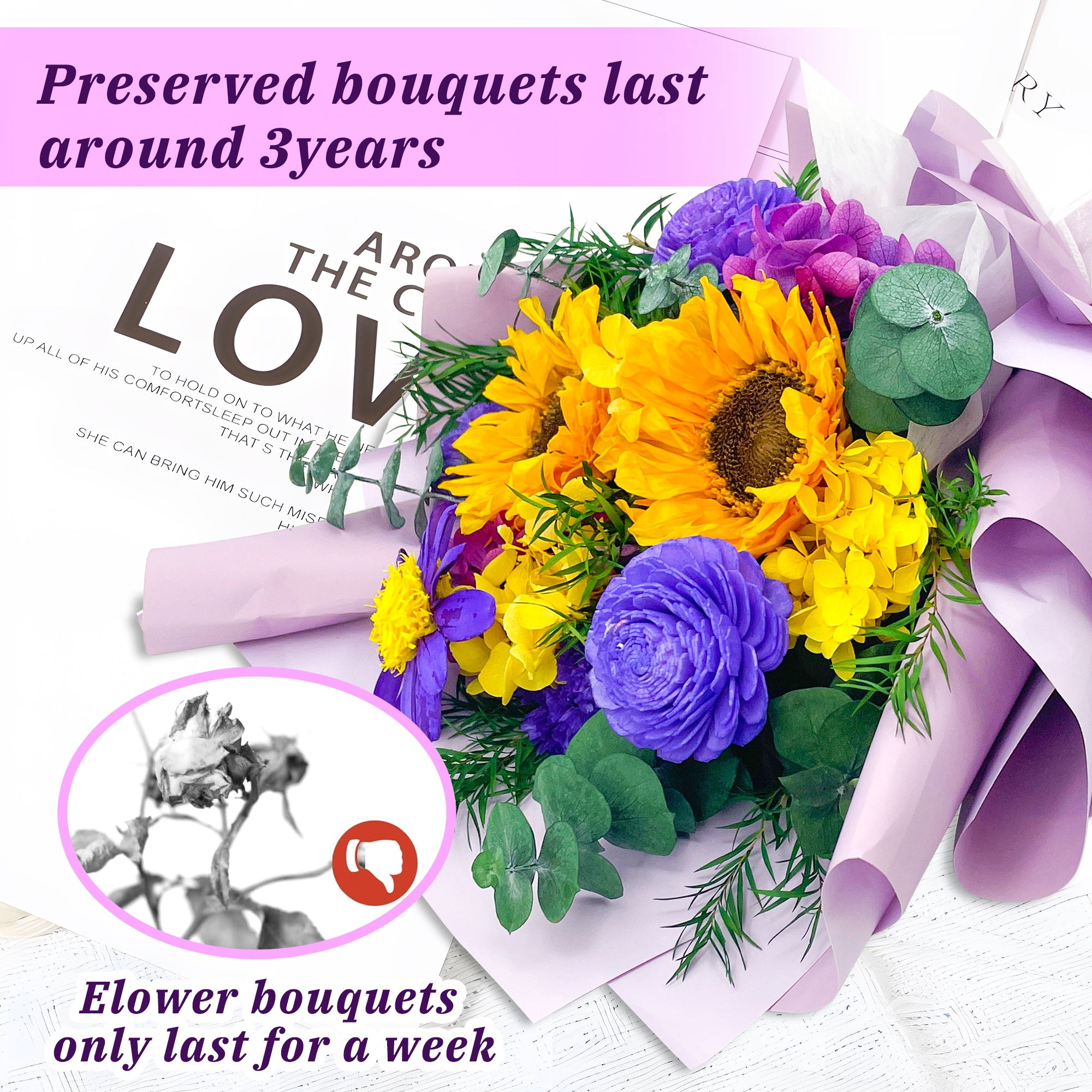 Preserved Sunflower Bouquet – Pink Cardboard