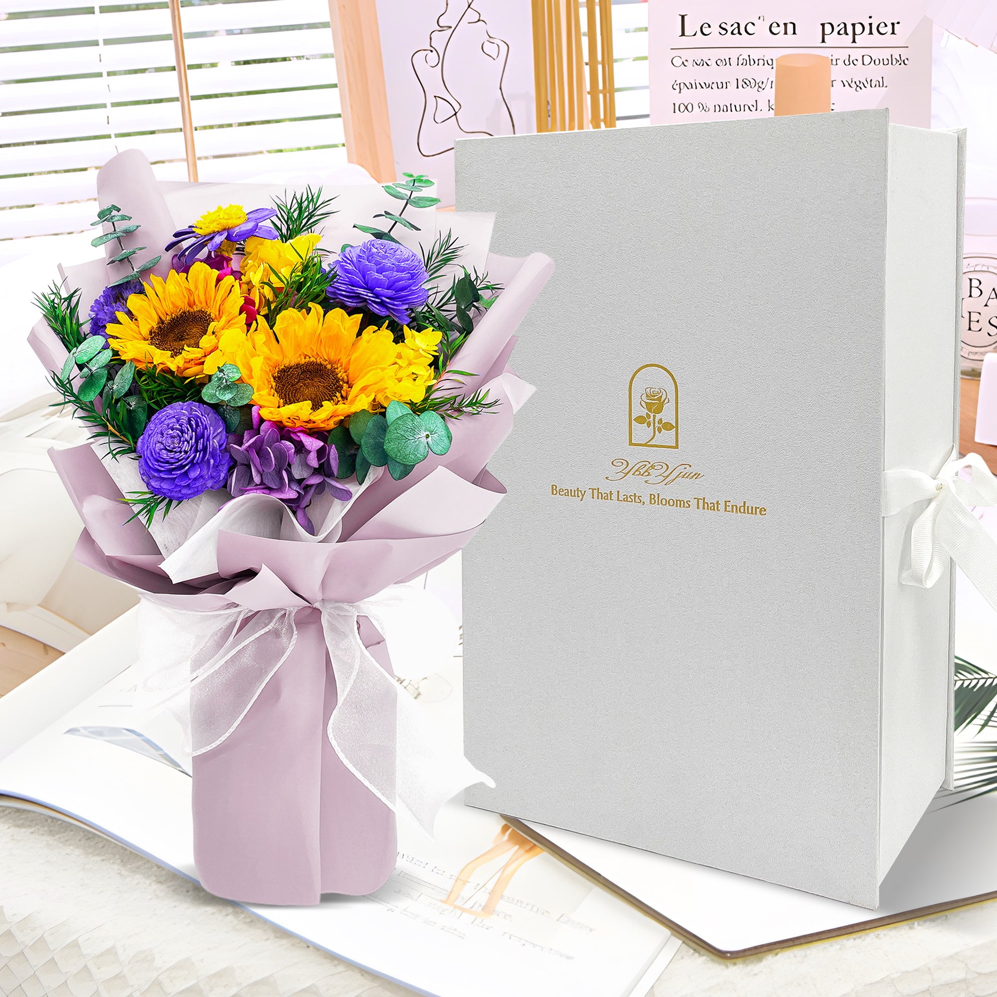 Preserved Sunflower Bouquet – Pink Cardboard