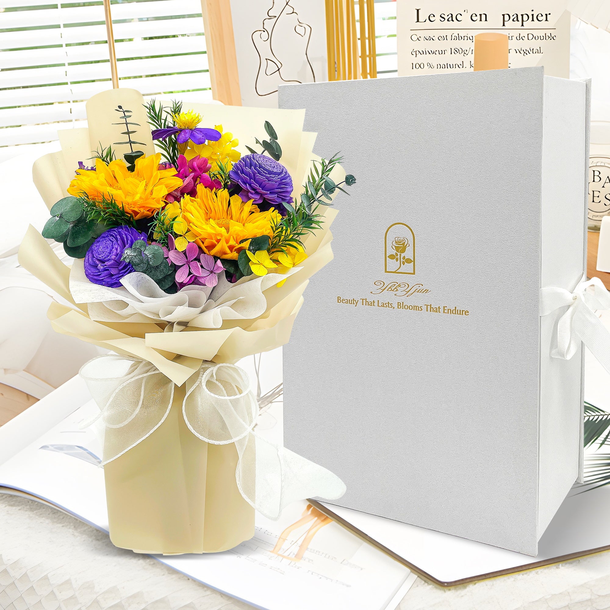 Preserved Sunflower Bouquet – Beige Cardboard
